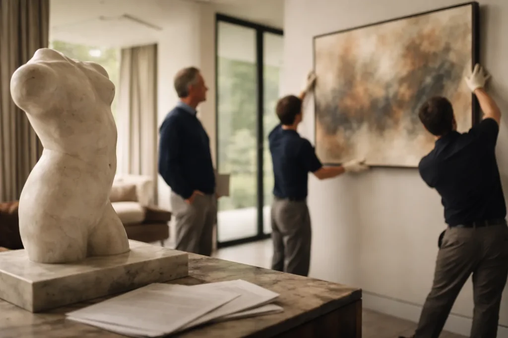homeowner admiring art piece being hung